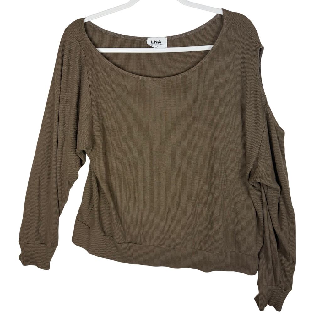 LNA Waffle Knit Cold Shoulder Cutout Top Pullover Stretch Women Large Brown $136